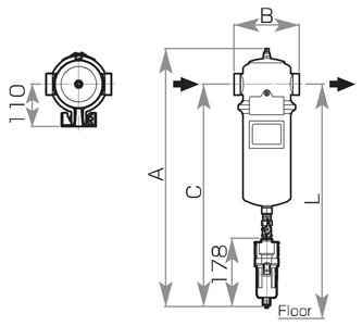 オリオン機械のエアーフィルター・スーパードレンフィルターDSF400外形寸法図