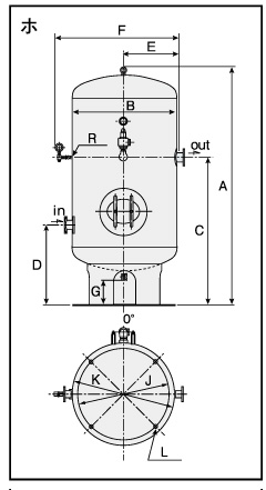 1000L空気タンク（1.0MPa仕様）外径寸法図